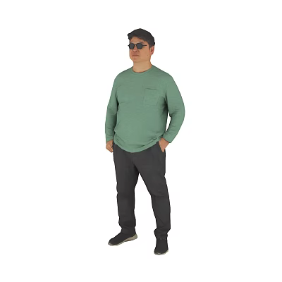 Man Wearing Green Long Sleeve Top Dark Gray Pants Black Shoes And Sunglasses 3d model
