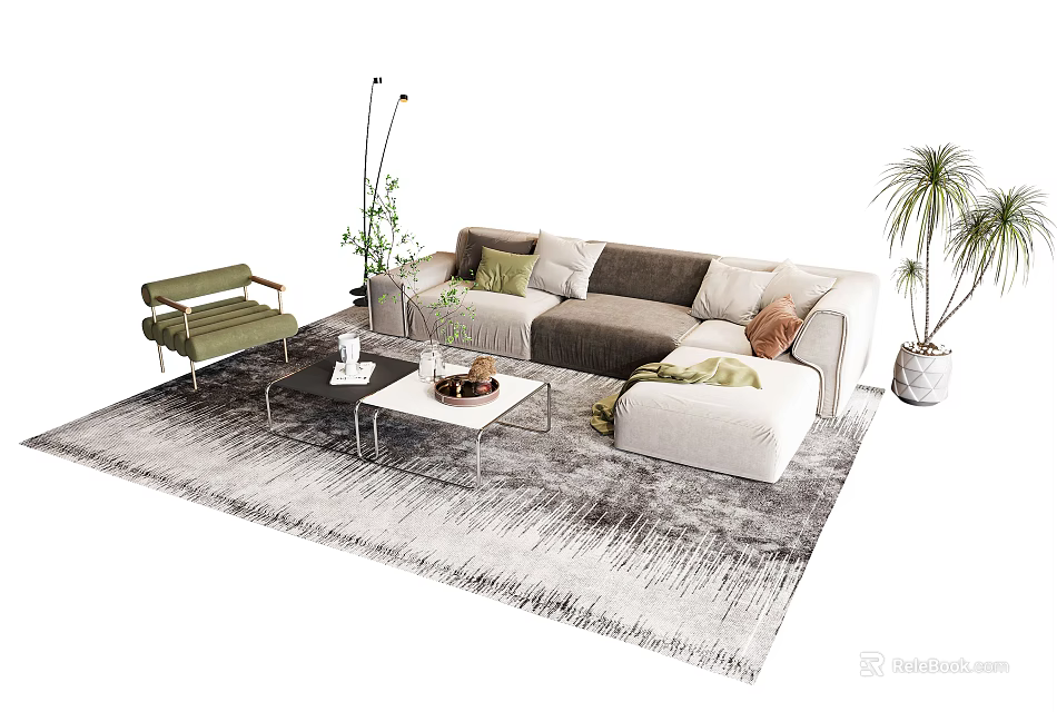 Modern Sofa Coffee Table Combination With Throw Pillows Potted Plants And Area Rug 3d model
