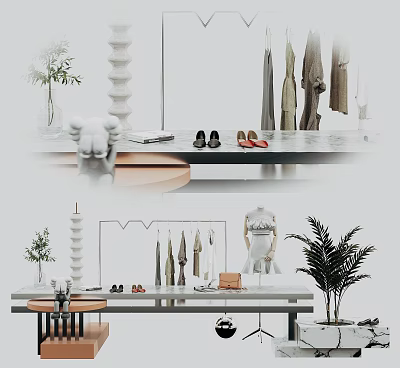 Elegant Display Shelves Showcasing Clothing Shoes Mannequin And Decorative Plants 3d model