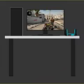 Gaming Desk Setup With Computer Tower Monitor Game Screen Keyboard Mouse Pad And Dumbbell