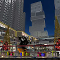 Illuminated Night View of Urban Plaza with Tall Buildings Giant Panda Christmas Trees and Gifts