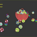 Green Mushrooms with White Spots in Brown Wicker Basket and Scattered Around on Dark Background