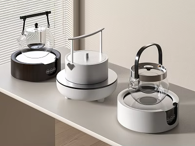 Modern Minimalist Tea Sets with White Black and Transparent Glass Electric Bases on Light Countertop 3d model