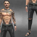 Tattooed Man With Intricate Body Art On Chest And Arms Wearing Ripped Jeans And Sandals