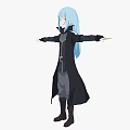 Woman With Blue Long Hair Wearing Black Long Coat And Gray Pants Arms Outstretched