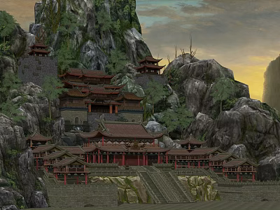 Ancient Architecture Complex on Mountain Slopes With Traditional Roofs Stone Stairs and Surrounding Green Trees 3d model