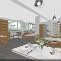 Modern Restaurant Interior With Wooden Tables Chairs Pendant Lights Tableware And Flower Vases