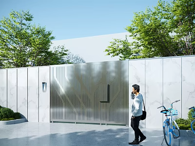 Modern Metal Entrance Gate With Textured Design Green Trees White Walls And Gray Paved Ground 3d model