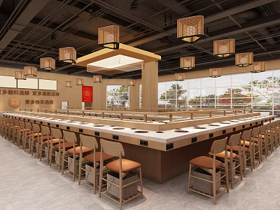 Modern Restaurant Interior With Long Bar Wooden Chairs Pendant Lights Red Decorations Window Views 3d model