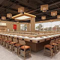 Modern Restaurant Interior With Long Bar Wooden Chairs Pendant Lights Red Decorations Window Views