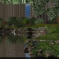 Serene Residential Landscape With High Rise Buildings Pond Rocks Trees And Water Reflections 3d model