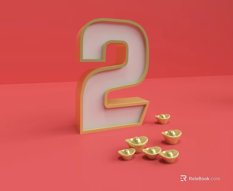 Commercial Equipment Display With Red Background Large Number 2 And Golden Ingots 3d model 
