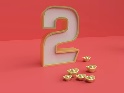 Commercial Equipment Display With Red Background Large Number 2 And Golden Ingots 3d model