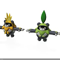Two Cute Panda Characters With Yellow Flame And Green Leaf Headpieces