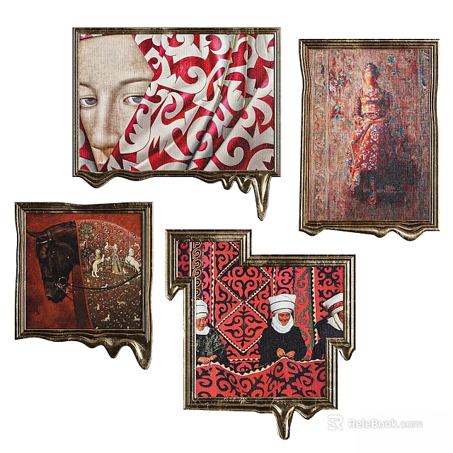 Oil Paintings Featuring Female Portraits Traditional Attire Animal And Red White Patterns 3d model 