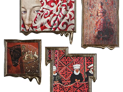 Oil Paintings Featuring Female Portraits Traditional Attire Animal And Red White Patterns 3d model