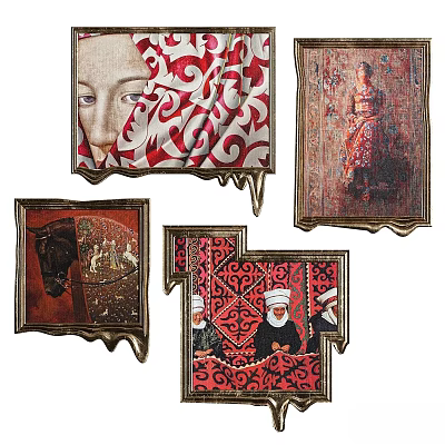 Oil Paintings Featuring Female Portraits Traditional Attire Animal And Red White Patterns 3d model