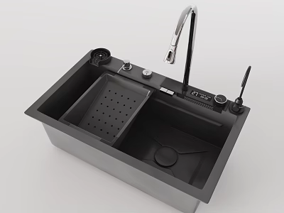 Black Kitchen Sink With Double Bowl Drainer Basket Faucet And Control Knobs 3d model
