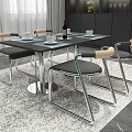Modern Dining Table Set With Black Tabletop Silver Frame Four Chairs Light Wooden Armrests 3d model