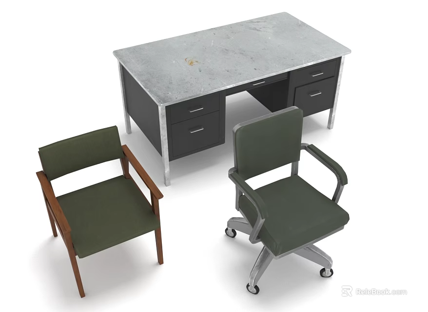 Modern Office Furniture Desk with Gray Top Drawers and Two Green Chairs Wooden Leg Rolling 3d model 