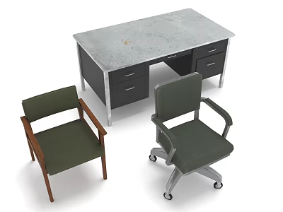 Modern Office Furniture Desk with Gray Top Drawers and Two Green Chairs Wooden Leg Rolling 3d model