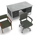 Modern Office Furniture Desk with Gray Top Drawers and Two Green Chairs Wooden Leg Rolling