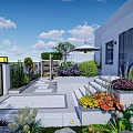 Modern Garden Landscape With White Building Stone Path Wooden Terrace Pond Green Plants And Lighting