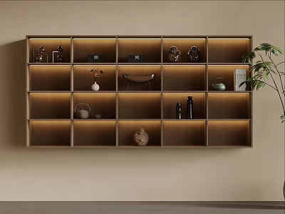 Wooden Wall Cabinets with Built in Lighting and Decorative Ornaments on Beige Wall with Green Plant 3d model