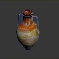 Sculpted Ceramic Vase with Two Handles Orange Yellow Gradient Surface and Intricate Carved Details