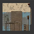 Cartoon Scene of Vintage Interior With Wooden Bookshelf Table Window And Distressed Blue Walls