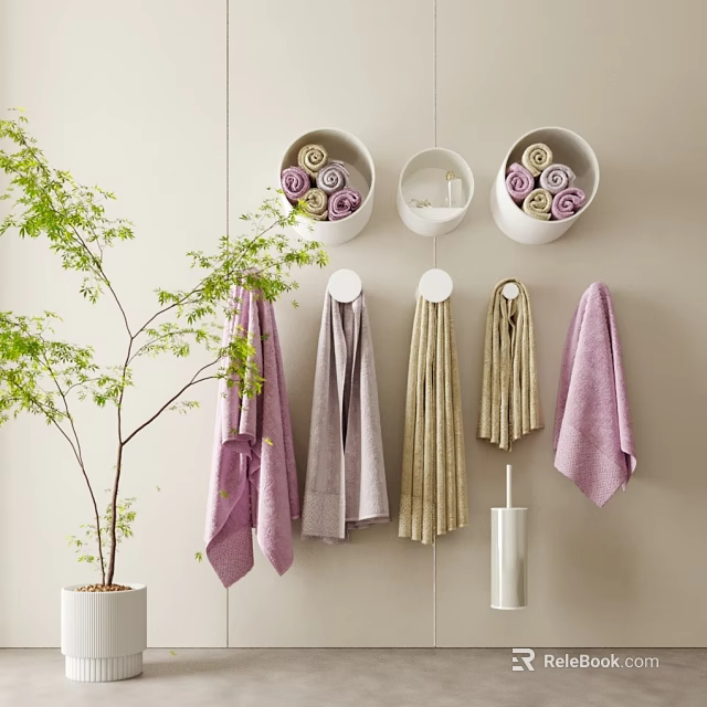 Soft Colored Hanging And Rolled Towels In White Wall Containers With Green Plant 3d model 