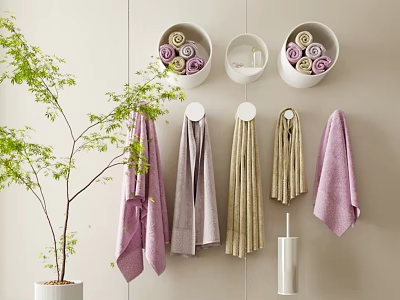 Soft Colored Hanging And Rolled Towels In White Wall Containers With Green Plant 3d model