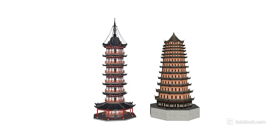 Traditional Chinese Multi Story Towers Featuring Black Red Brown Roofs And Gray Base 3d model 