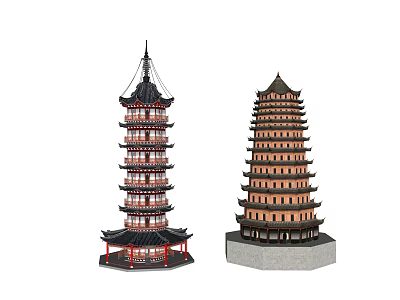 Traditional Chinese Multi Story Towers Featuring Black Red Brown Roofs And Gray Base 3d model