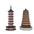 Traditional Chinese Multi Story Towers Featuring Black Red Brown Roofs And Gray Base