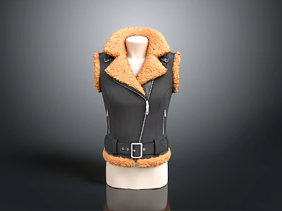 Black Leather Vest With Orange Fur Collar And Belt Buckle For Daily Use 3d model