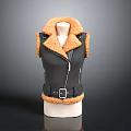 Black Leather Vest With Orange Fur Collar And Belt Buckle For Daily Use