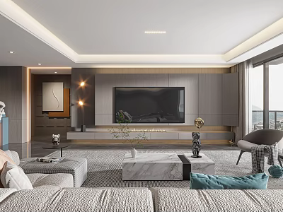 Modern Living Room Interior Design With Sofa TV Wall Marble Coffee Table And Large Windows 3d model