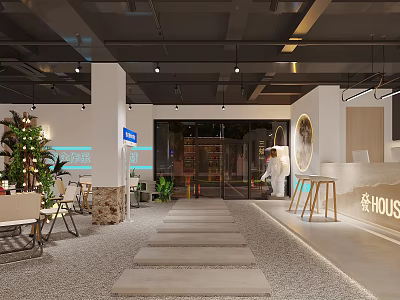 Modern Bar Interior Design With Steps Green Plants Tables Chairs And Pendant Lights 3d model