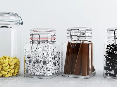 Various Foods Stored in Clear Glass Jars with Pasta Sugar Cubes Chocolate Bars and Black Grains 3d model