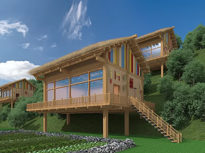 Wooden House With Thatched Roof Colorful Accents Balcony Staircase And Green Hills 3d model