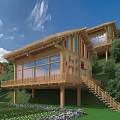 Wooden House With Thatched Roof Colorful Accents Balcony Staircase And Green Hills