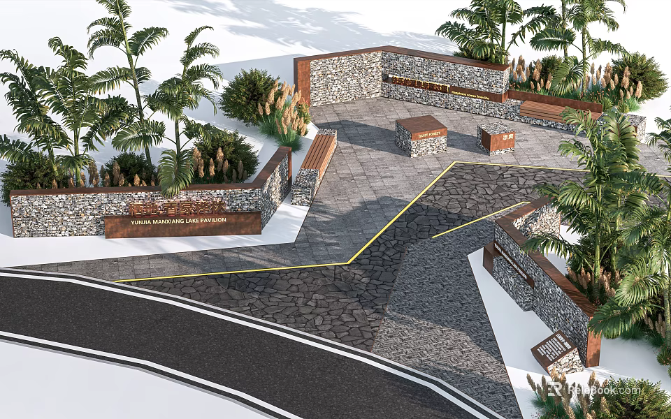 Stone Landscape Wall Design With Palm Trees Wooden Benches Pathway And Community Center Entrance 3d model 