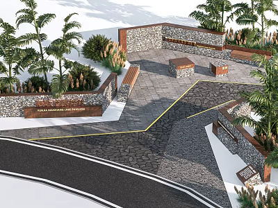 Stone Landscape Wall Design With Palm Trees Wooden Benches Pathway And Community Center Entrance 3d model