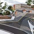 Stone Landscape Wall Design With Palm Trees Wooden Benches Pathway And Community Center Entrance