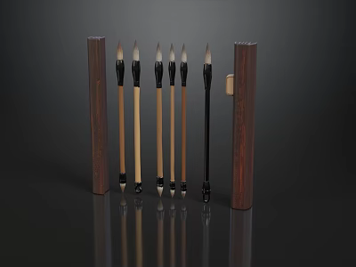 Set of Traditional Chinese Calligraphy Brushes with Bamboo Handles on Wooden Holder 3d model