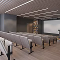 School Modern Classroom With Rows Of Seats Projector Screen Podium Bookshelf And Lighting
