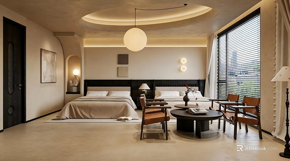 Cozy Wabi Sabi Style Hotel Guest Room With Twin Beds And Spacious Lounge Area 3d model 