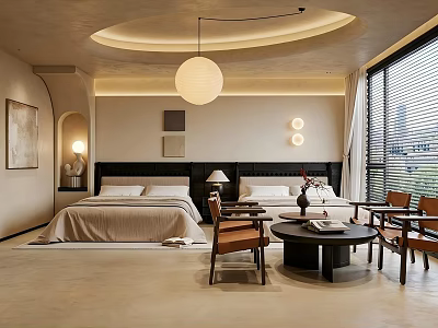 Cozy Wabi Sabi Style Hotel Guest Room With Twin Beds And Spacious Lounge Area 3d model