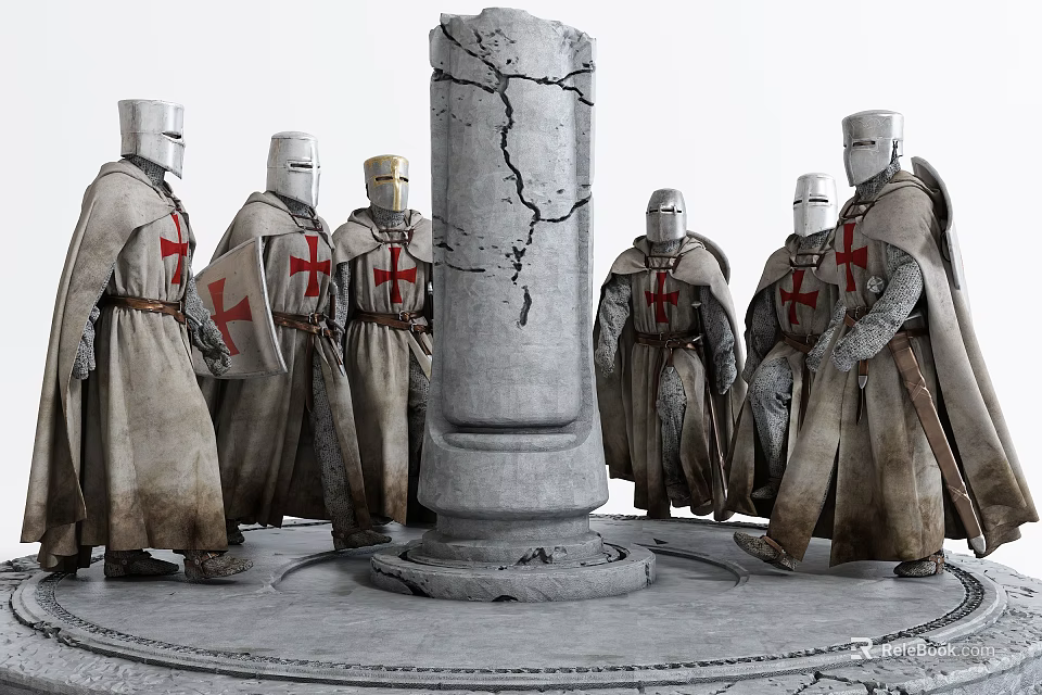 Cartoon Scene Of Knights With Red Crosses Around Stone Pillar 3d model 